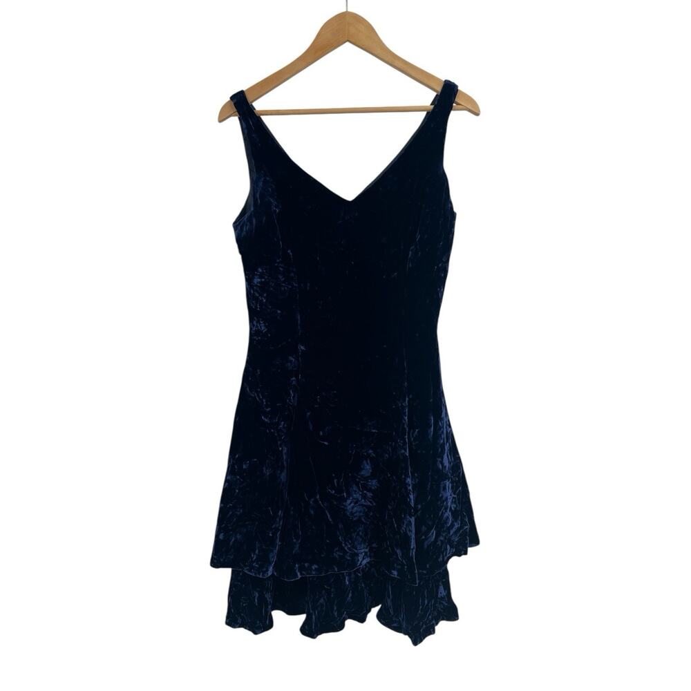 90s Elizabeth Wayman Blue Crushed Velvet Tiered V Neck Dress 6 Retro Glam Silk
